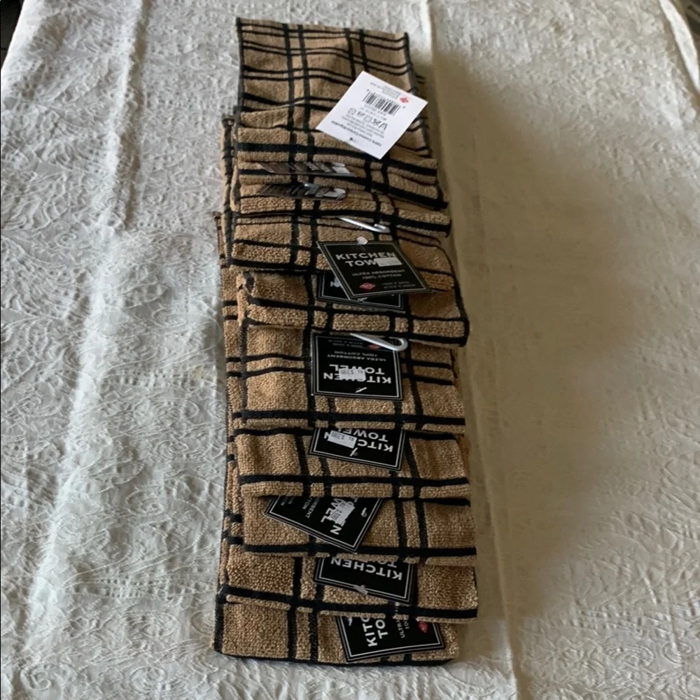 NWT All 12 - Large Cotton 16in x 26in Plaid Tan and Black KITCHEN Towels Set - Picture 6 of 9